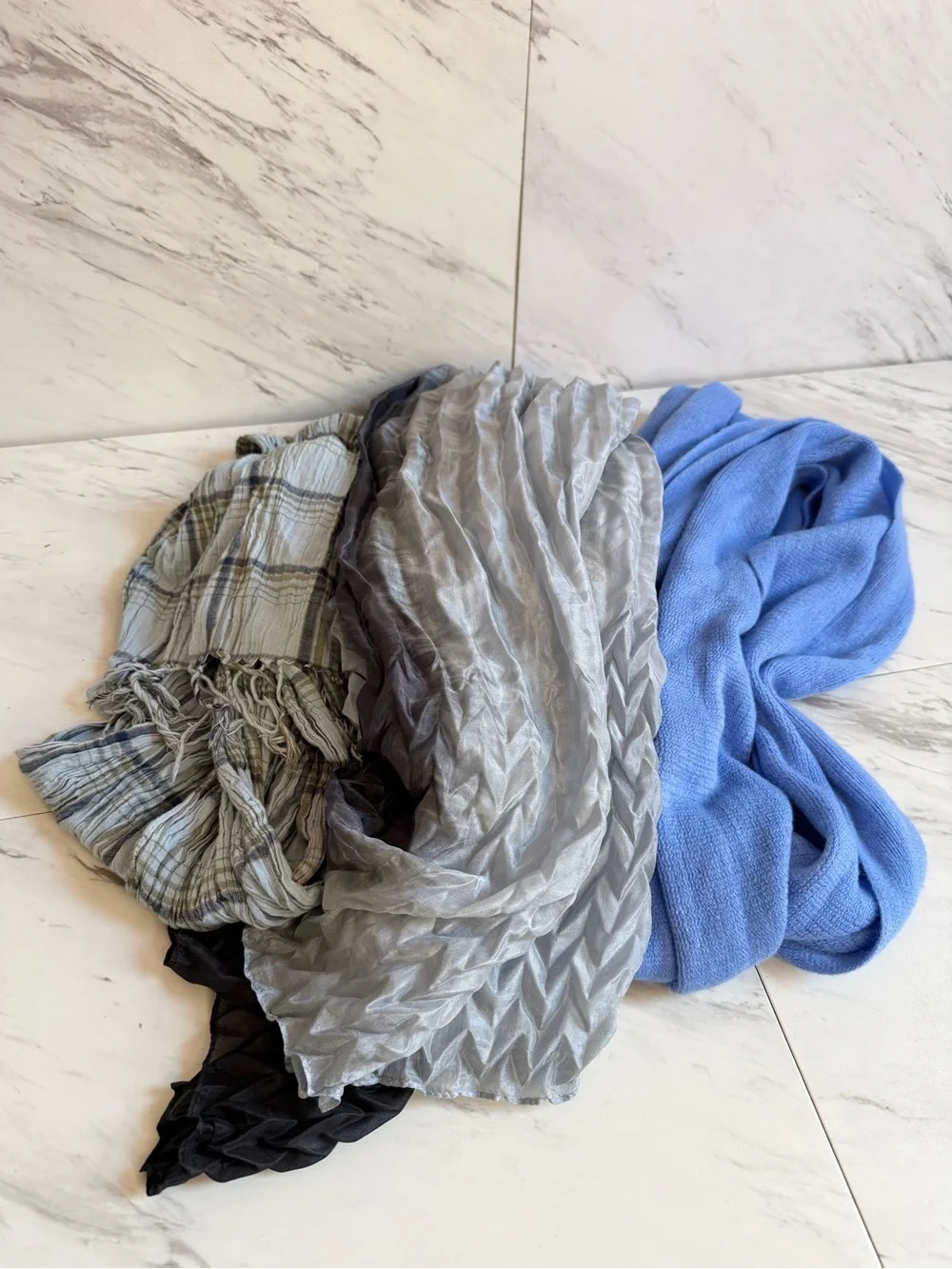 3/$50 BUNDLE 3 Blue Infinity Ombre Chevron Plissé Pleat & Plaid Fringed Scarves